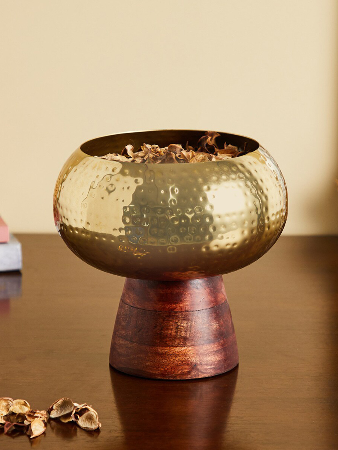 Buy Home Centre Gold Toned Rush Metal Potpourri Bowl With Wooden Stand