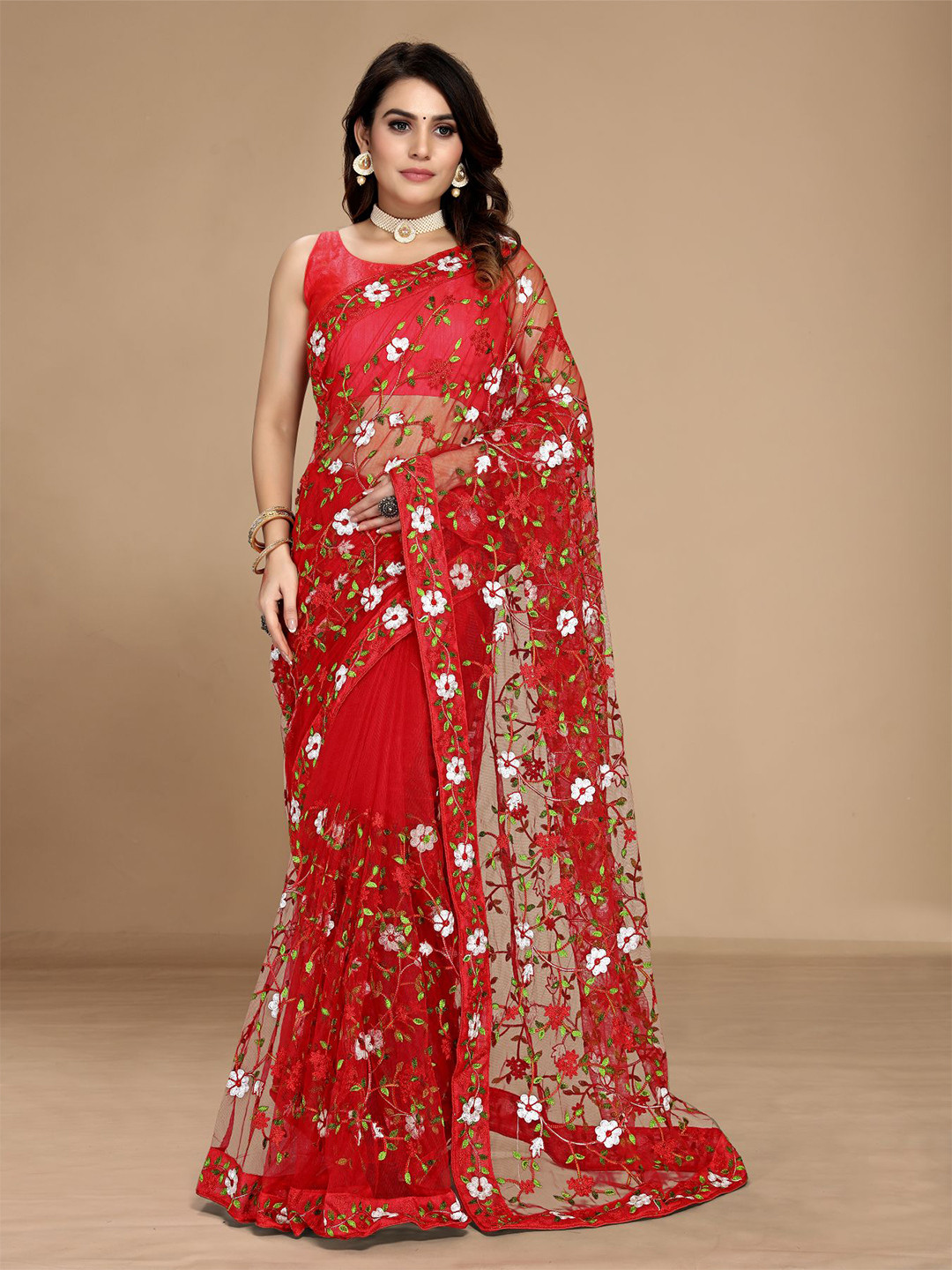 Firoji Party Wear Floral Embroidered Net Saree main image 1