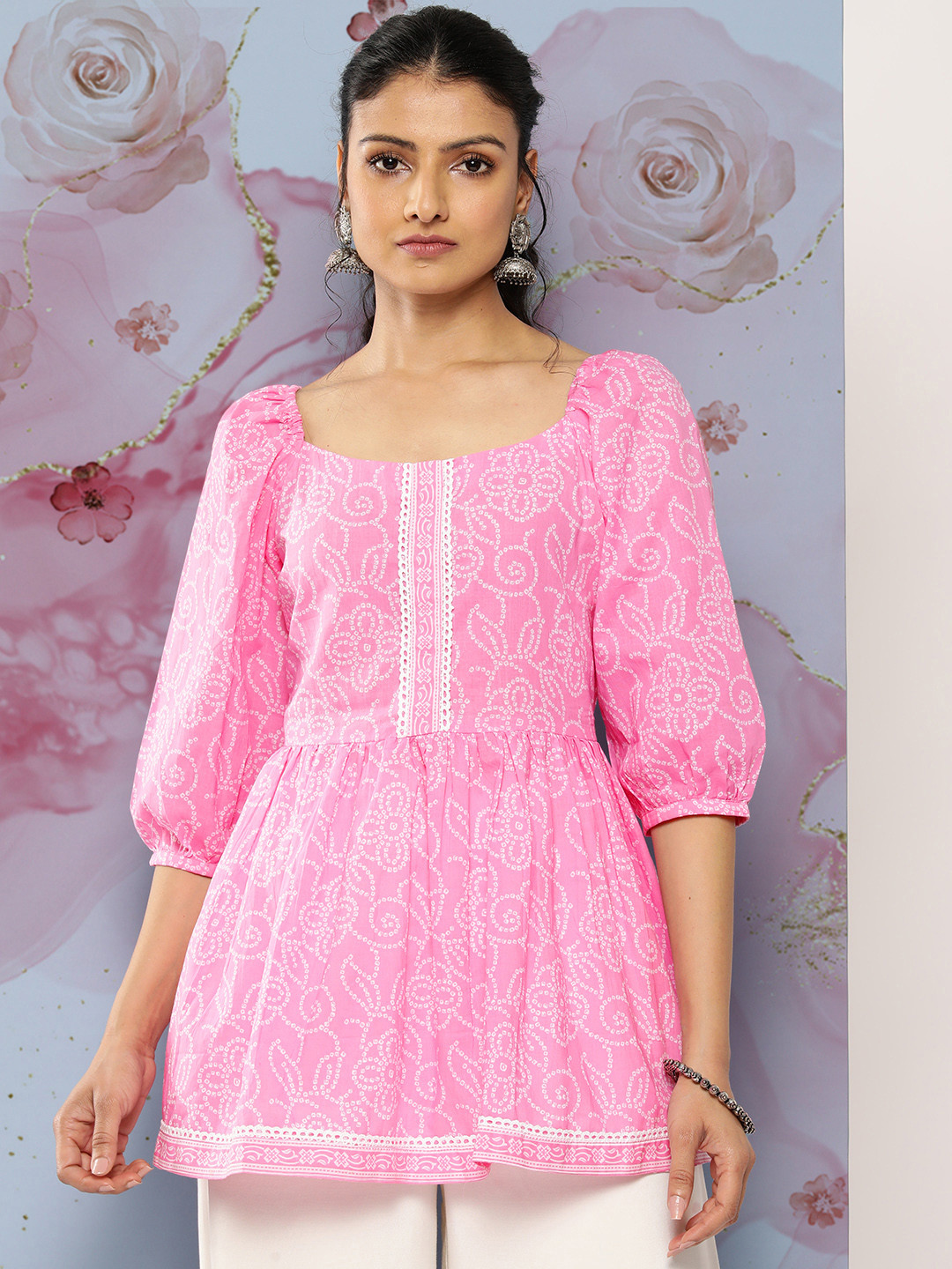 Buy Libas Women Bandhani Printed Square Neck Puff Sleeves Pure Cotton