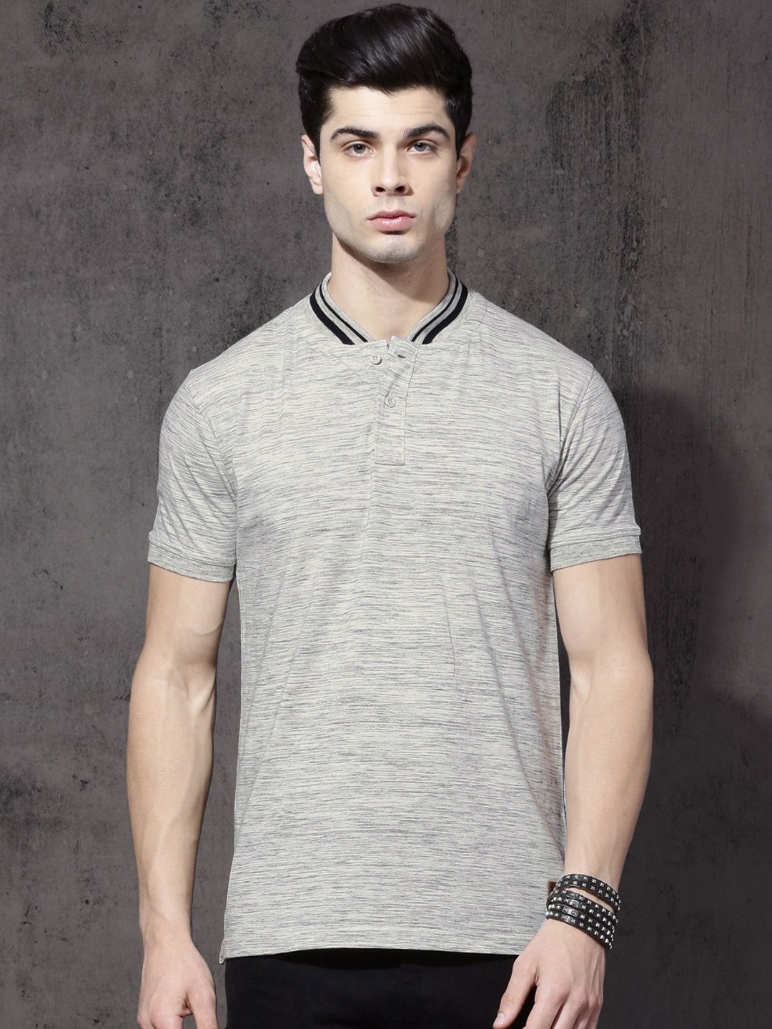 Buy Roadster Men Grey Melange Solid Mandarin Collar T Shirt - Tshirts ...