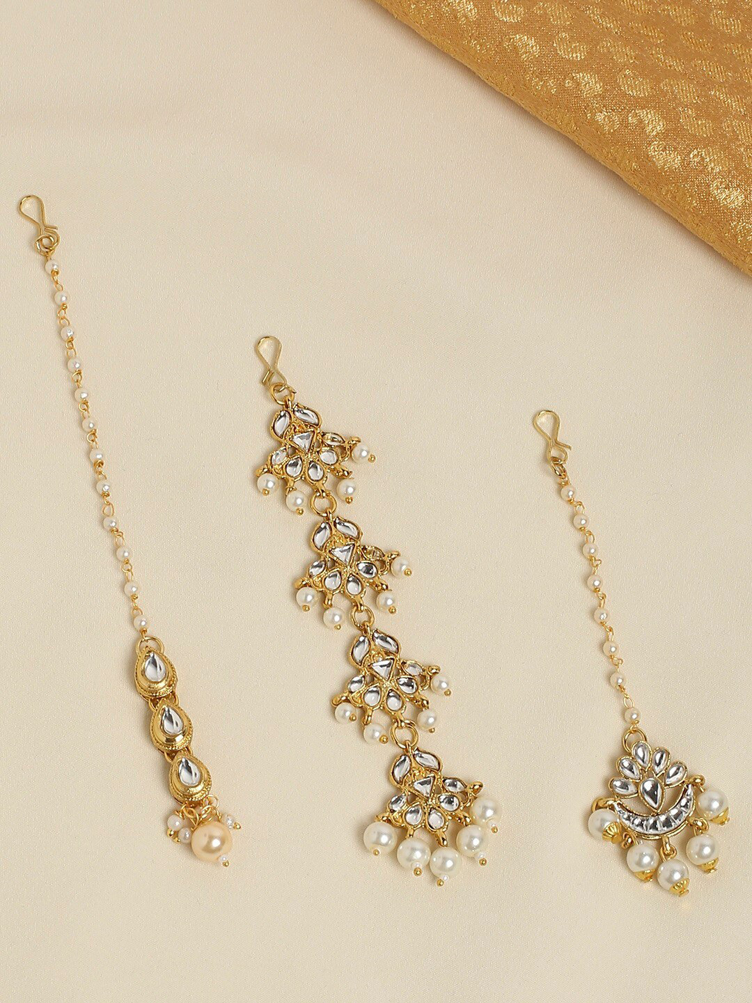 18k Gold Plated Traditional Pearl Kundan Studded Jewellery Necklace Set with Maang Tikka for Women