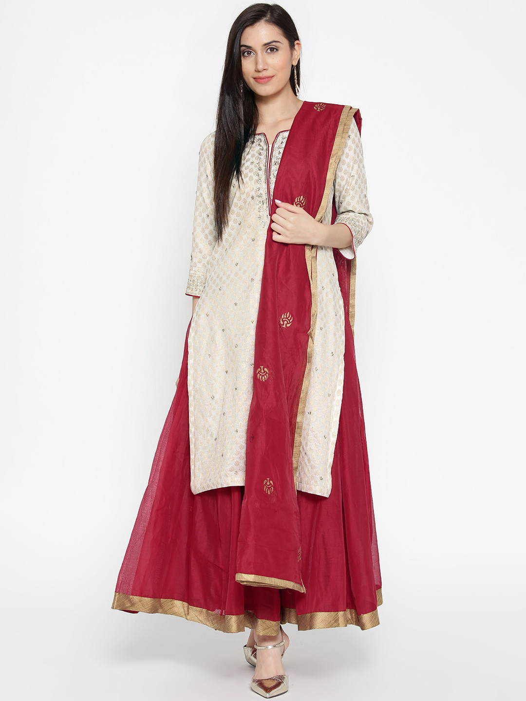 Buy Biba Women Off White & Red Self Design Kurta With Skirt & Dupatta