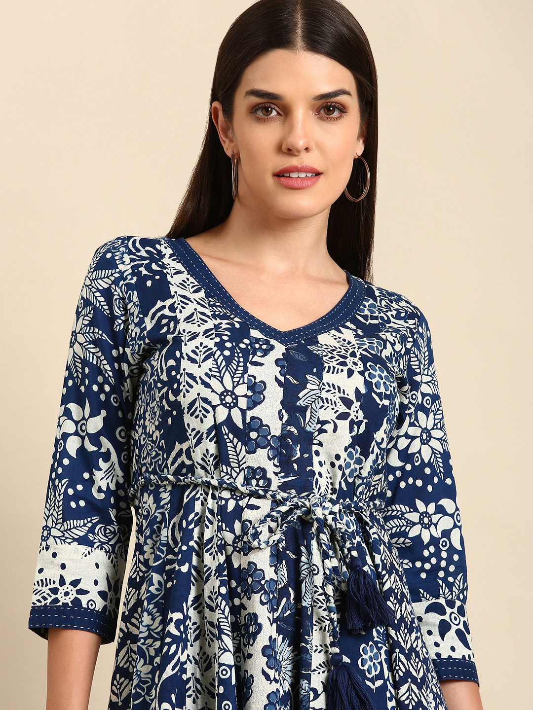 Women Blue Ethnic Motifs Printed Cotton A-Line Dress