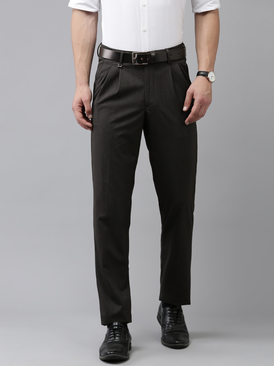 Buy Van Heusen Men Solid Mid Rise Pleated Formal Trousers - Trousers ...
