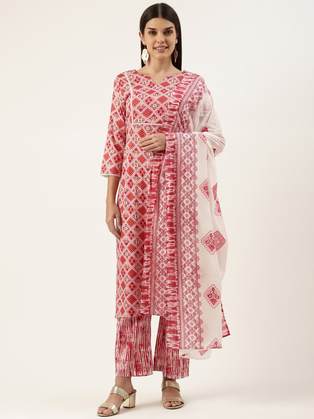 Women Ethnic Motifs Printed Thread Work Kurta With Trousers & With Dupatta
