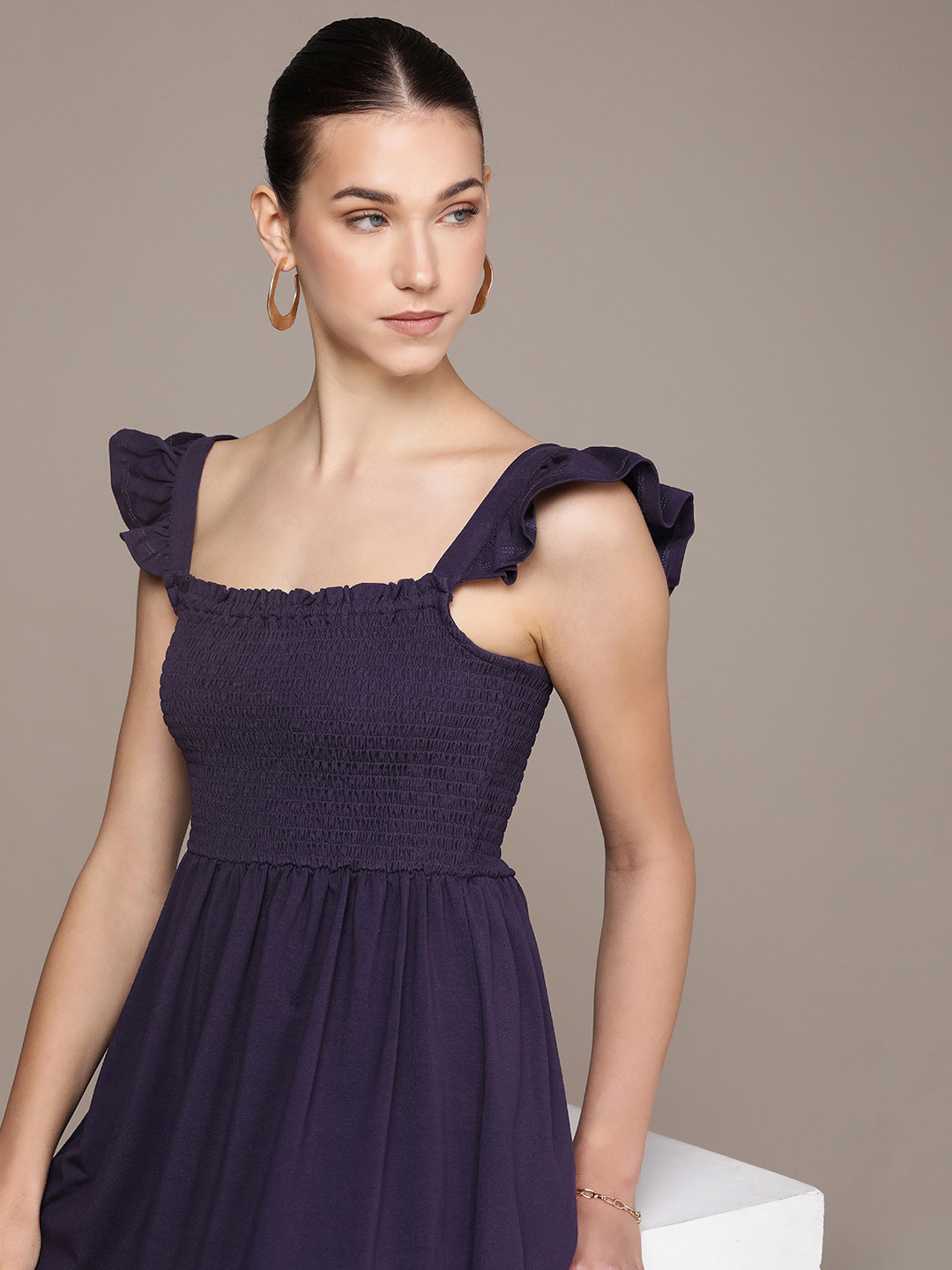 Square Neck Flutter Sleeve Girl's Dress Grape