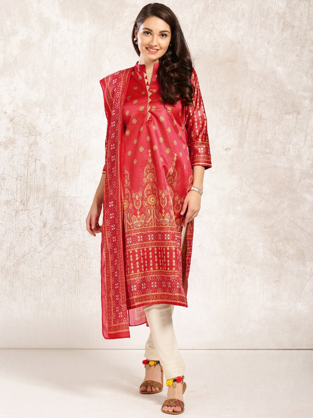 cream and red combination churidar