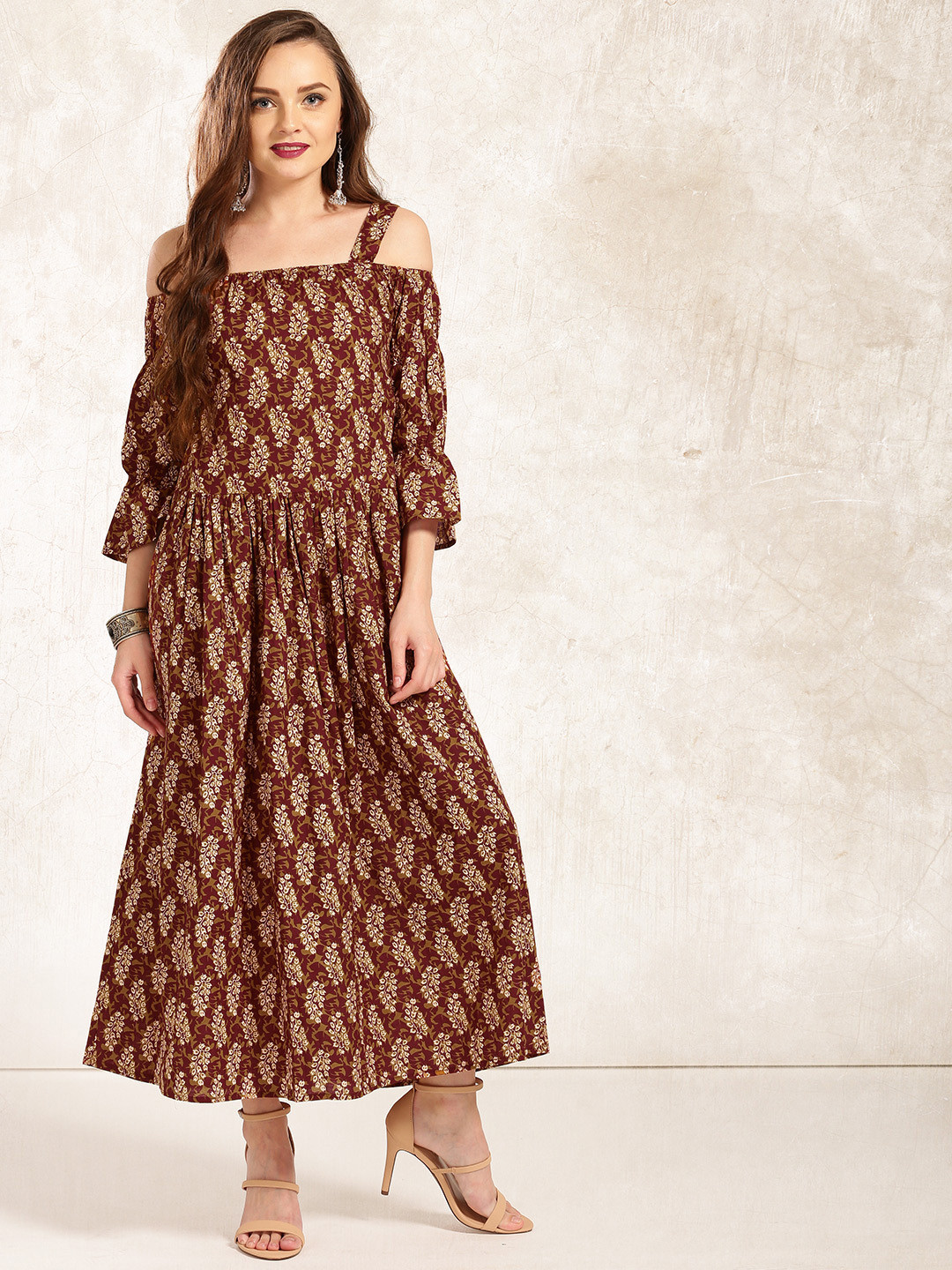 Buy Anouk Women Maroon & Mustard Yellow Printed Fit & Flare Dress