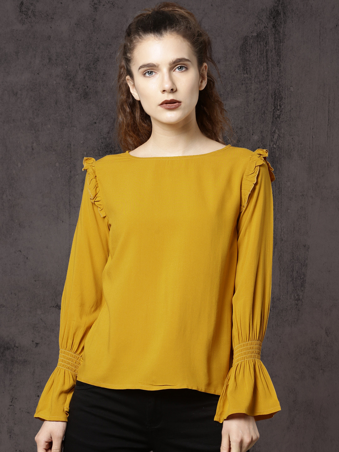 Buy Roadster Women Mustard Yellow Solid Top Tops for Women 2136335