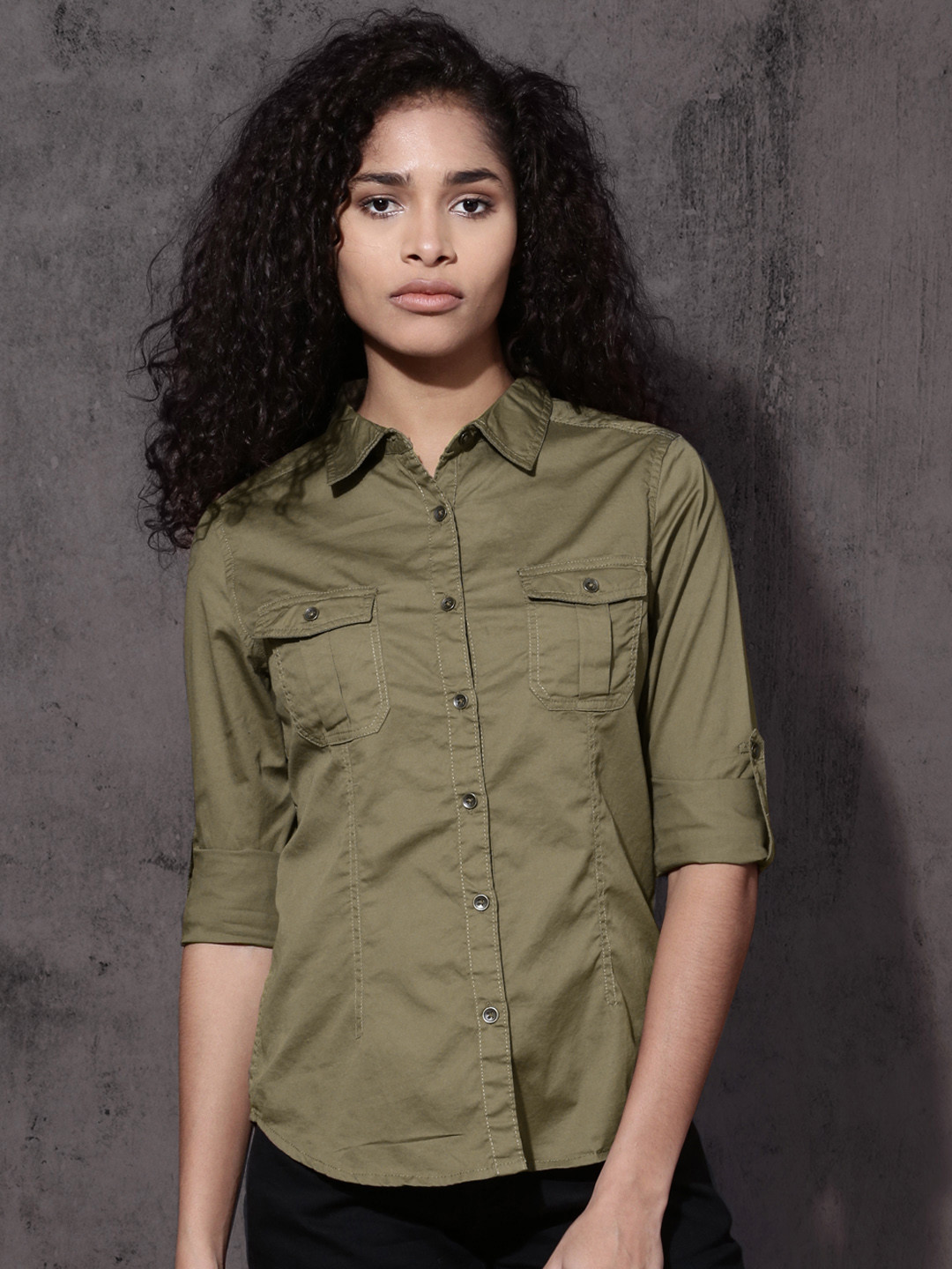 Buy Roadster Women Olive Green Regular Fit Solid Casual Shirt Shirts