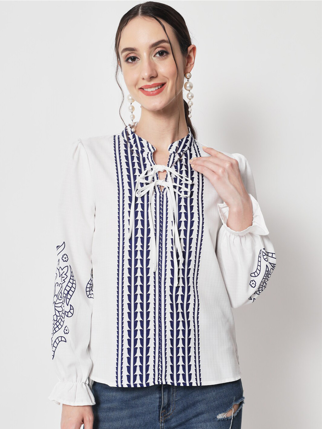 Buy HERE&NOW Geometric Print Tie Up Neck Shirt Style Top Tops for