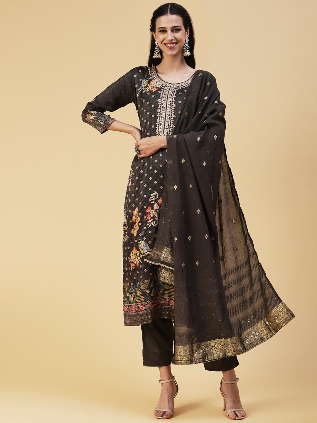 Buy FASHOR Women Grey Floral Printed Kurta With Trousers & With Dupatta ...