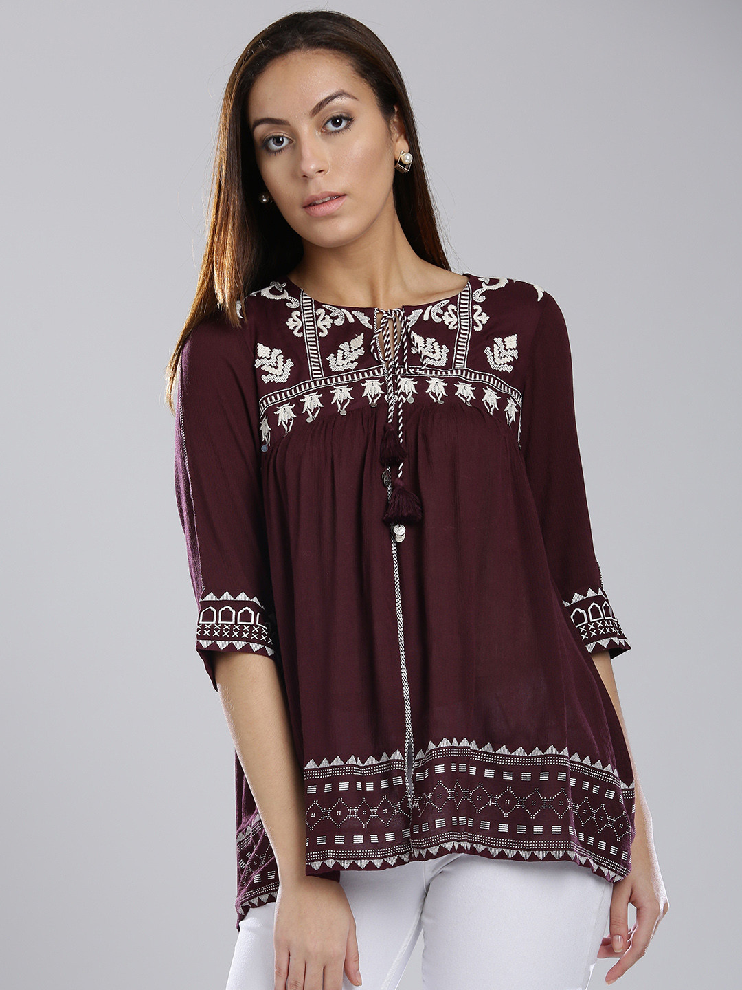 Buy W Women Burgundy Embroidered A Line Top Tops for Women 2138070