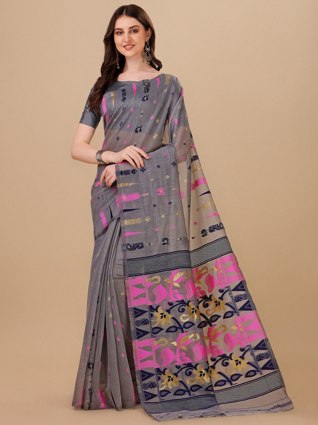 Buy ZIKARAA Woven Design Pure Cotton Jamdani Saree Sarees for Women