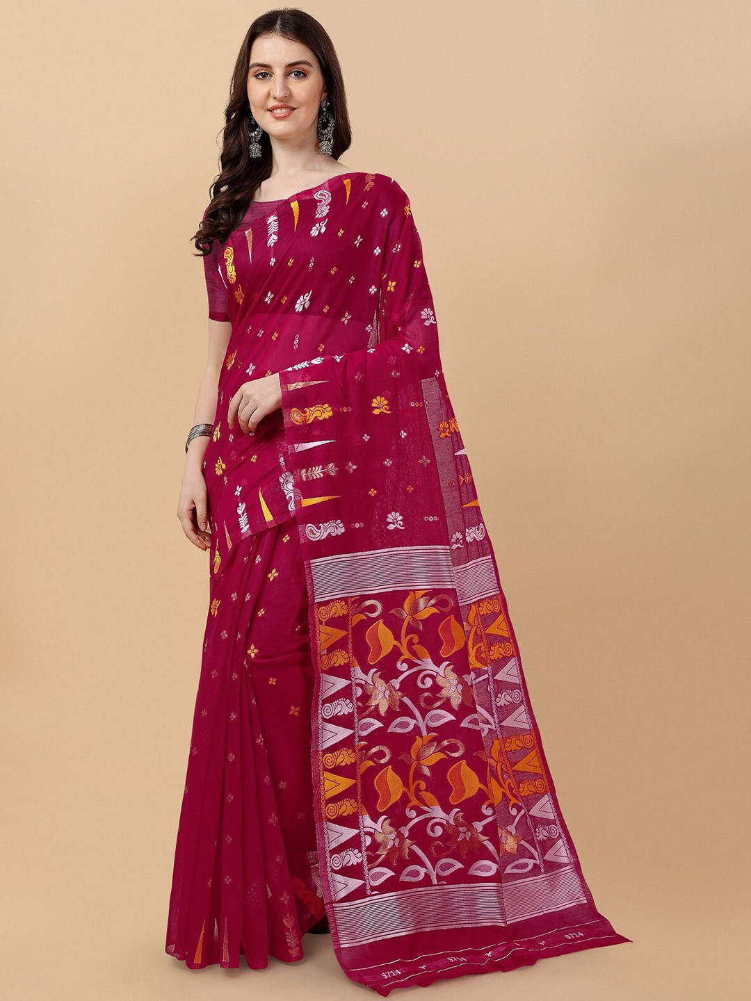 Buy ZIKARAA Woven Design Pure Cotton Jamdani Saree Sarees for Women