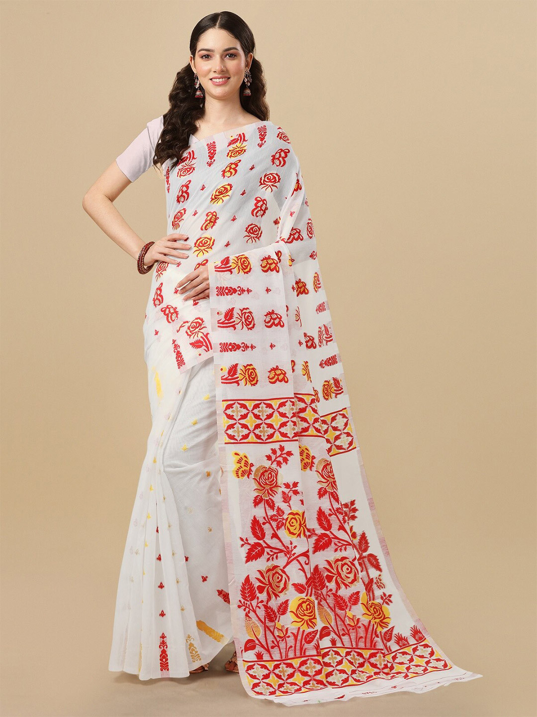 Buy ZIKARAA Floral Zari Pure Cotton Jamdani Saree Sarees for Women