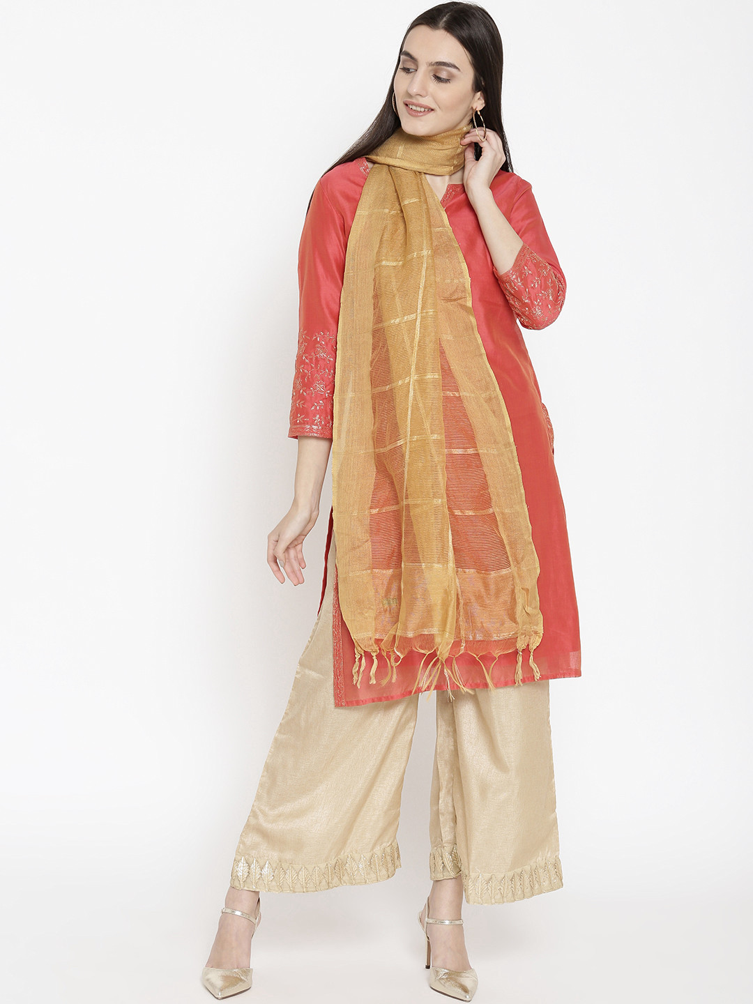Buy AURELIA Mustard Yellow Self Checked Dupatta Dupatta for Women