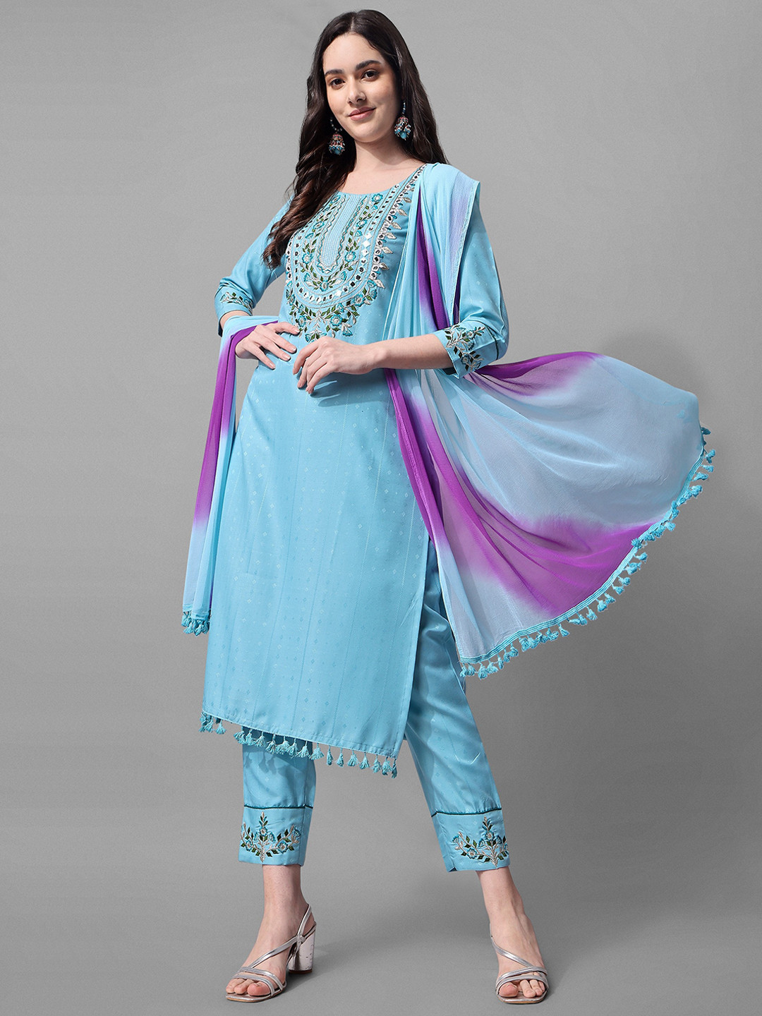 Women Purple Floral Embroidered Mirror Work Kurta Set