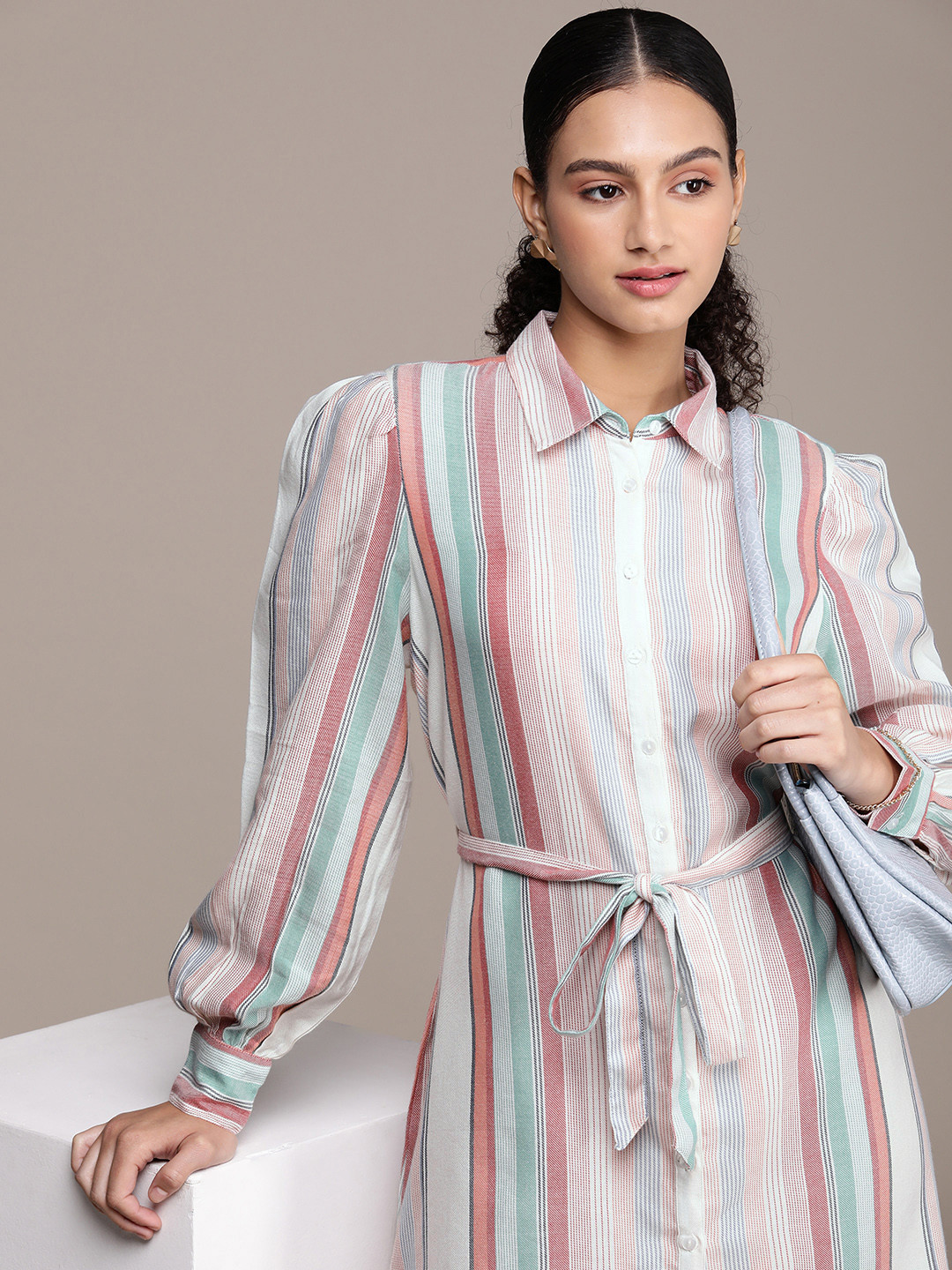 Buy French Connection Striped Puff Sleeve Shirt Dress With Fabric Belt