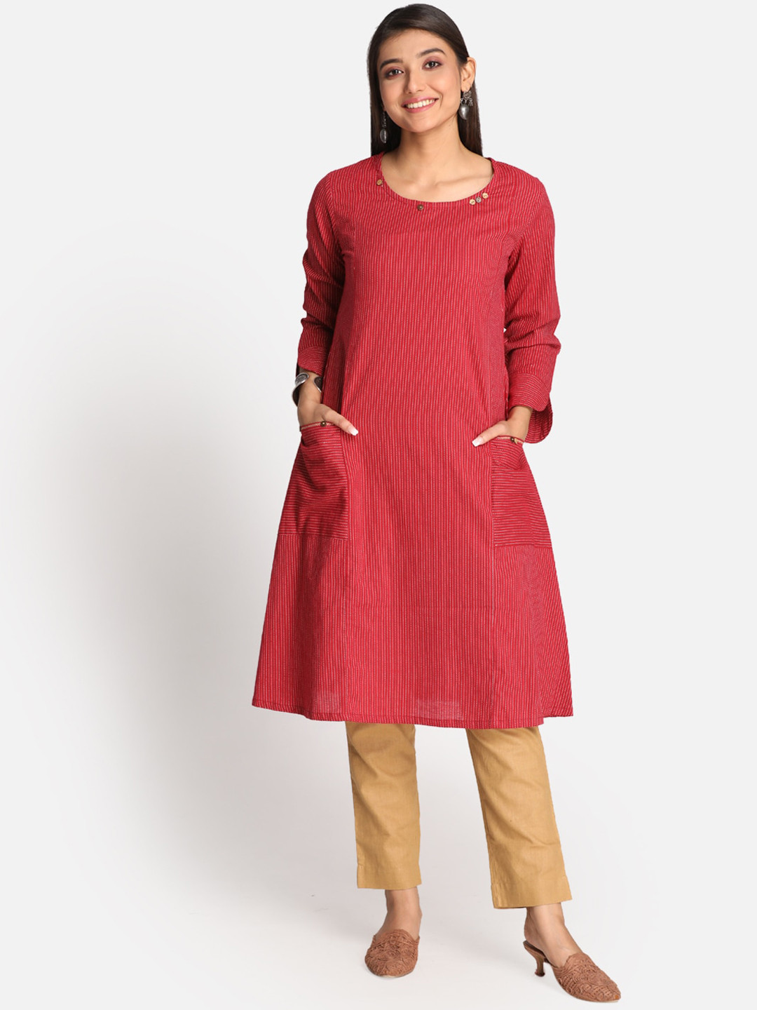 Buy Earthwear Women Red Thread Work Pure Cotton Kurta Kurtas for