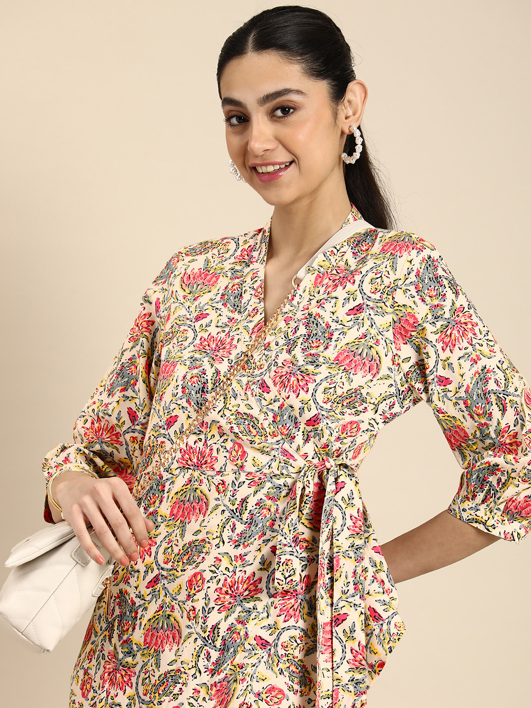 Babyhug 100% Cotton Woven  Three Fourth Sleeves Floral Printed Ethnic Dress with Sequin Detailing on Yoke - White