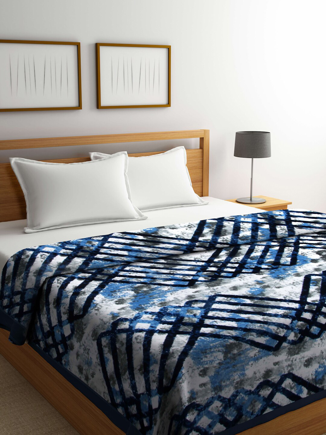 Buy Arrabi Blue & White Geometric Mild Winter Double Bed Blanket