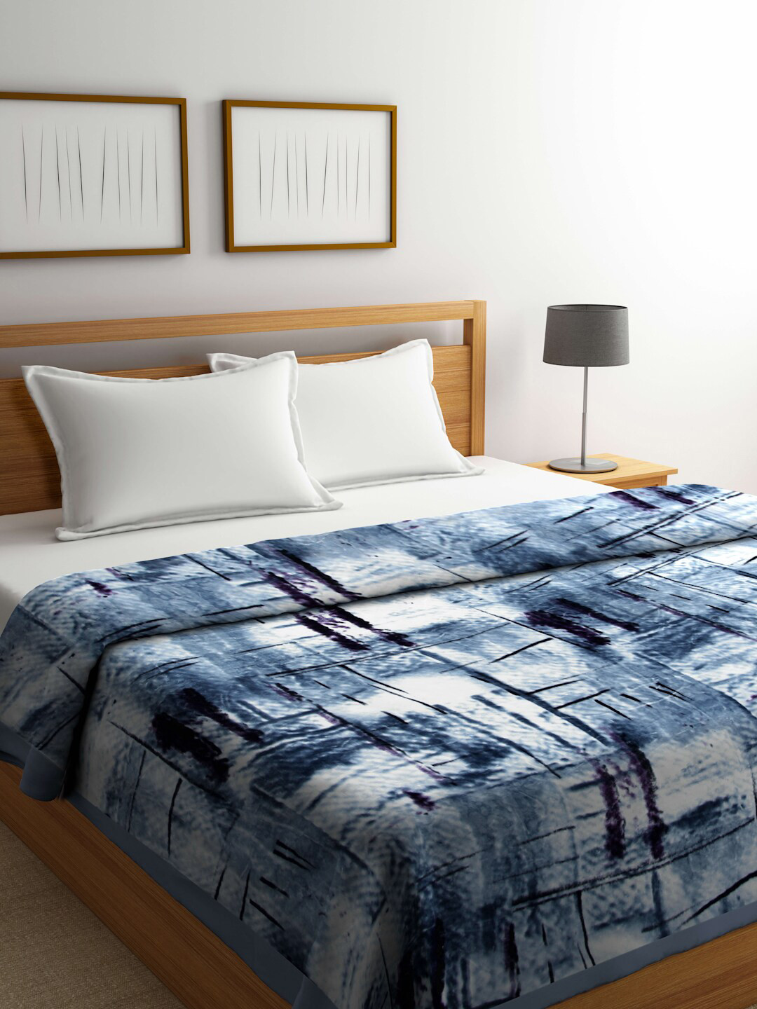 Buy Arrabi Blue & White Abstract 950 GSM Mild Winter Double Bed Blanket