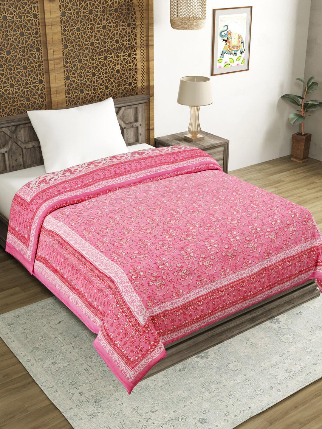 Buy BLOCKS OF INDIA Pink & White Floral Mild Winter 300 GSM Pure Cotton Single Bed Quilt
