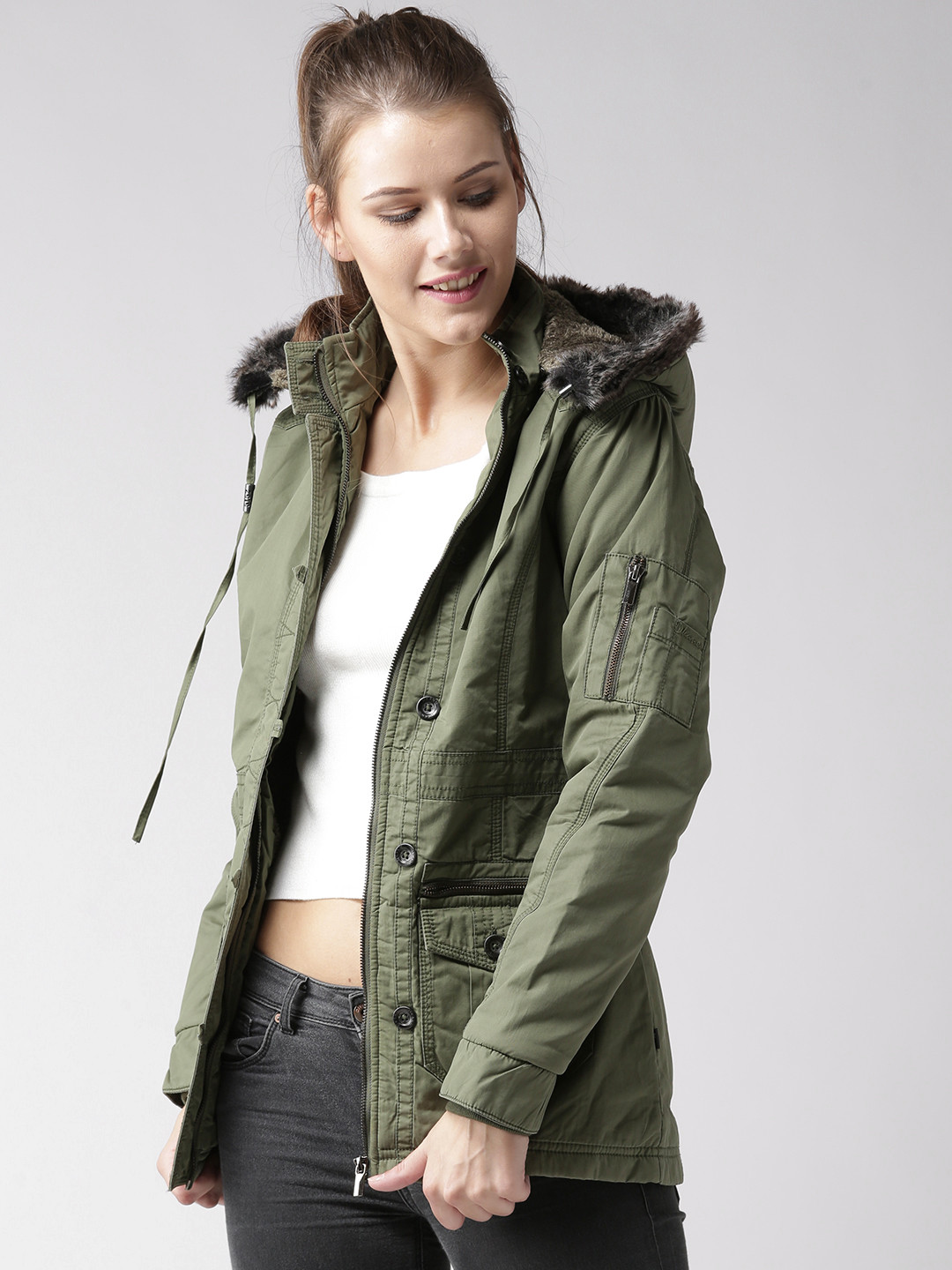 Buy Okane Women Olive Green Solid Hooded Parka Jacket Jackets for
