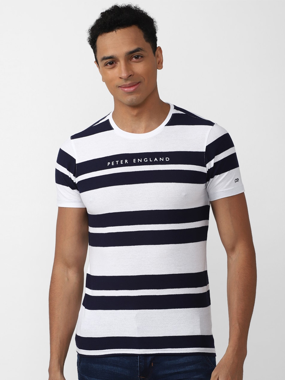 Buy Peter England Casuals Men Striped Slim Fit Cotton T Shirt - Tshirts ...