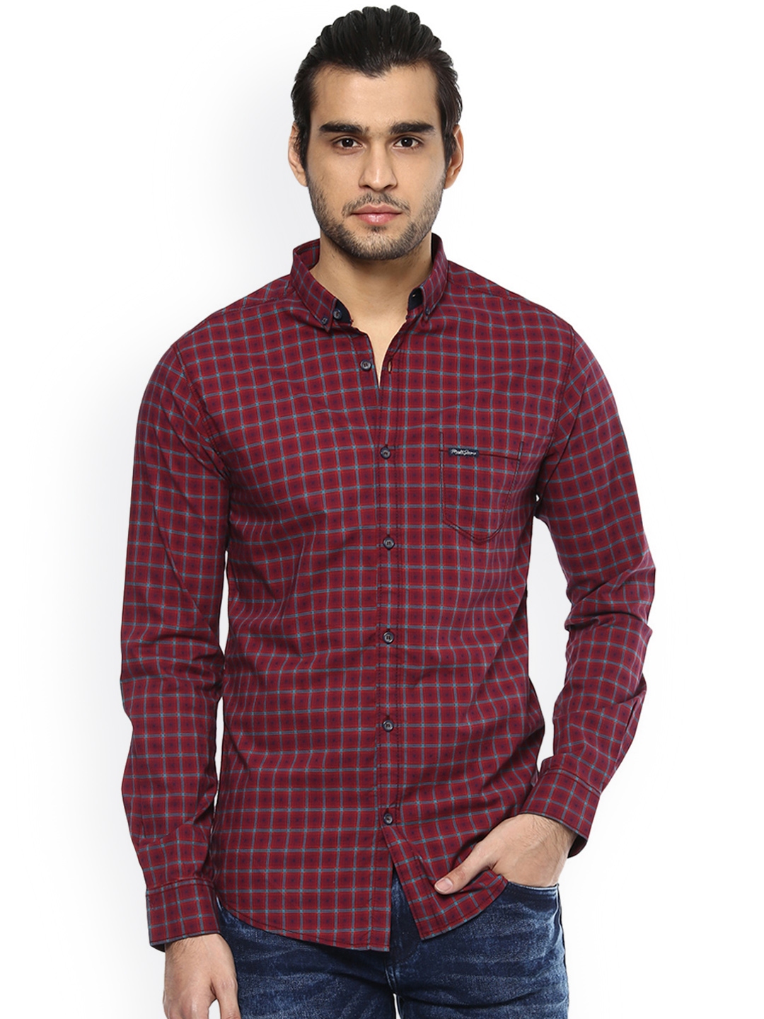 Buy Mufti Men Maroon & Blue Slim Fit Checked Casual Shirt - Shirts for ...