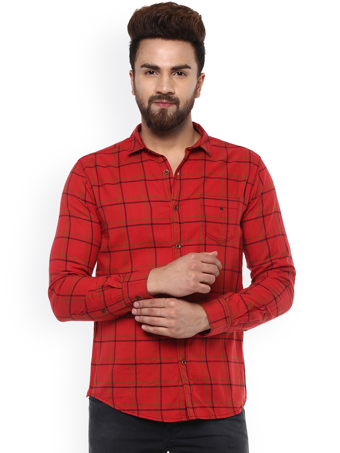 Buy Mufti Men Red Slim Fit Checked Casual Shirt - Shirts for Men ...