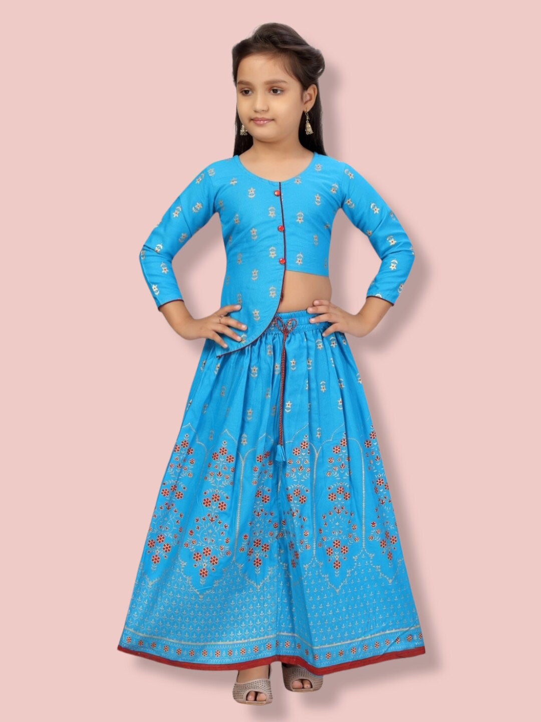 Girls Coral Blue Printed Pure Cotton Ready To Wear Lehenga Blouse