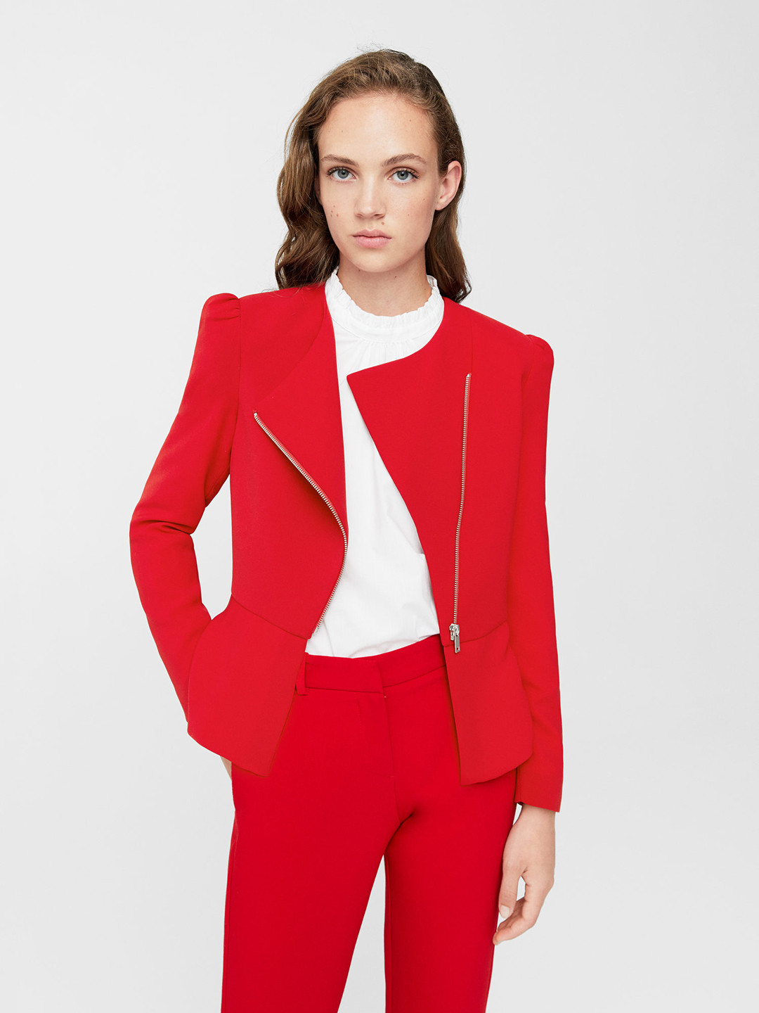 Buy MANGO Women Red Solid Asymmetric Closure Tailored Jacket Jackets