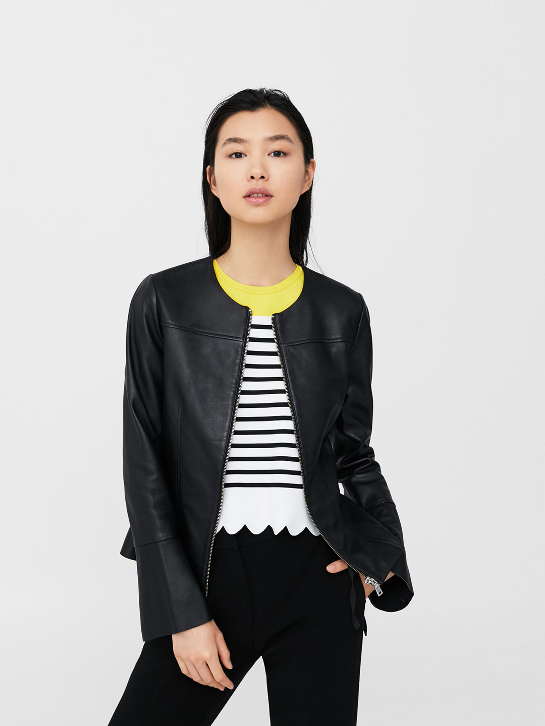 Buy MANGO Women Black Solid Collarless Leather Jacket Jackets for