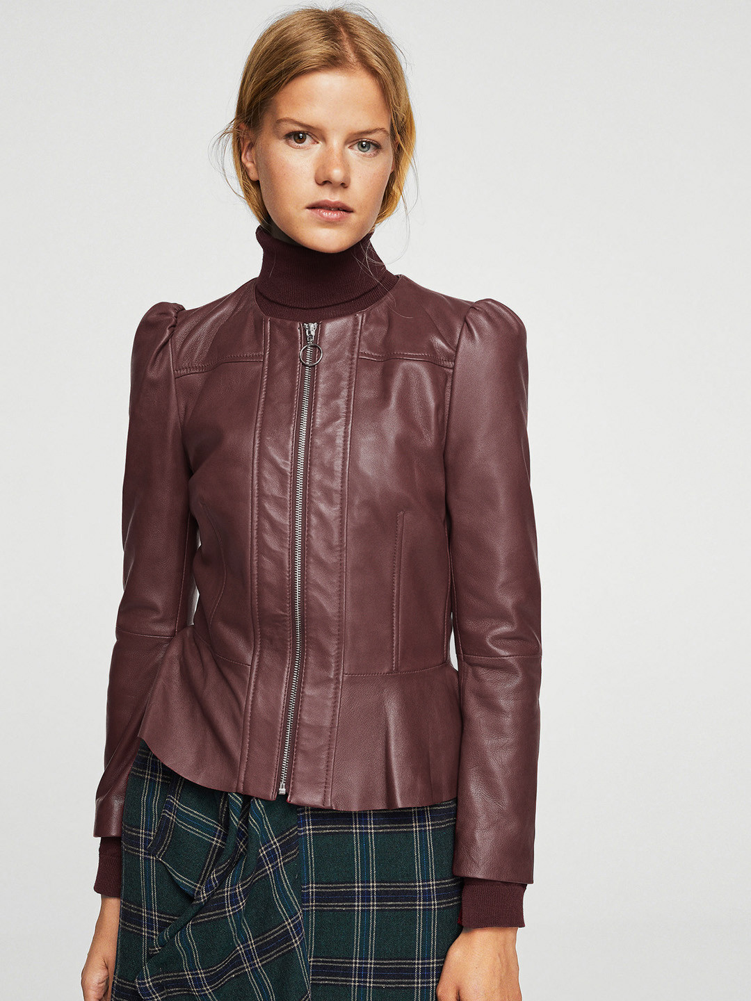 Buy MANGO Women Burgundy Solid Collarless Leather Jacket Jackets for
