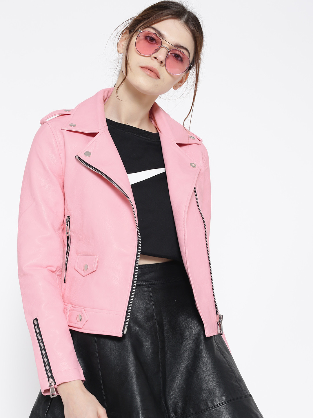 Buy MANGO Women Pink Solid Faux Leather Biker Jacket Jackets for