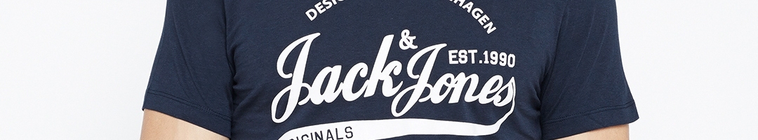 Buy Jack Jones Men Navy Printed Round Neck Pure Cotton T Shirt ...