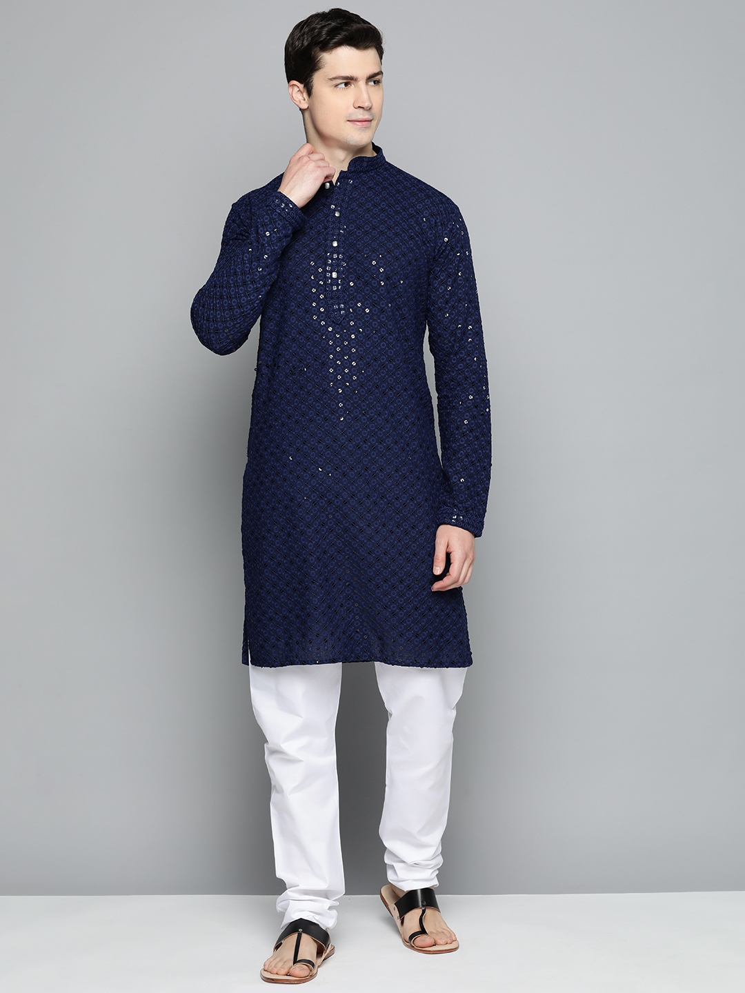 Buy Jompers Men Floral Embroidered Chikankari Pure Cotton Kurta With ...