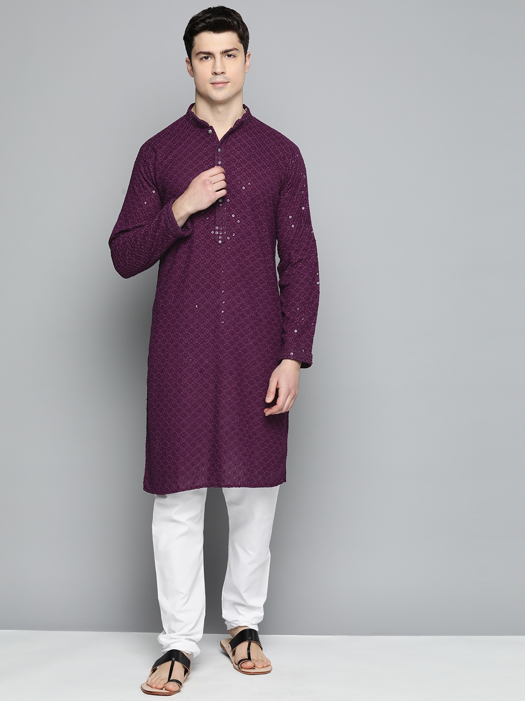 Buy Jompers Men Floral Embroidered Chikankari Pure Cotton Kurta With ...