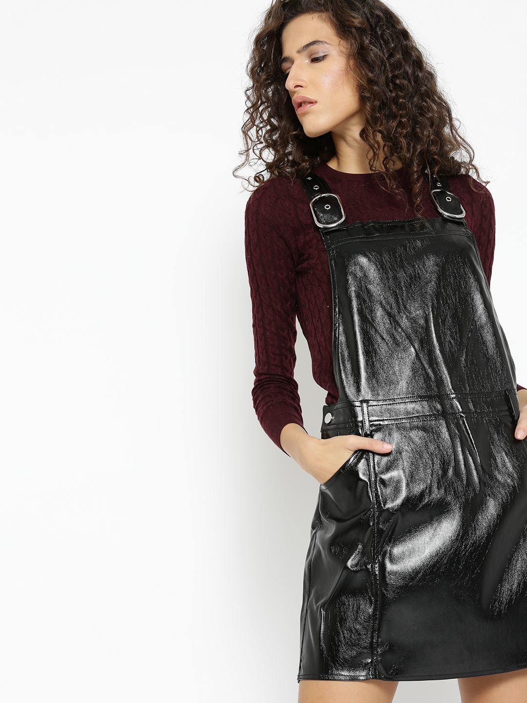 Buy MANGO Women Black Sheen Pinafore Dress Dresses for Women 2143580