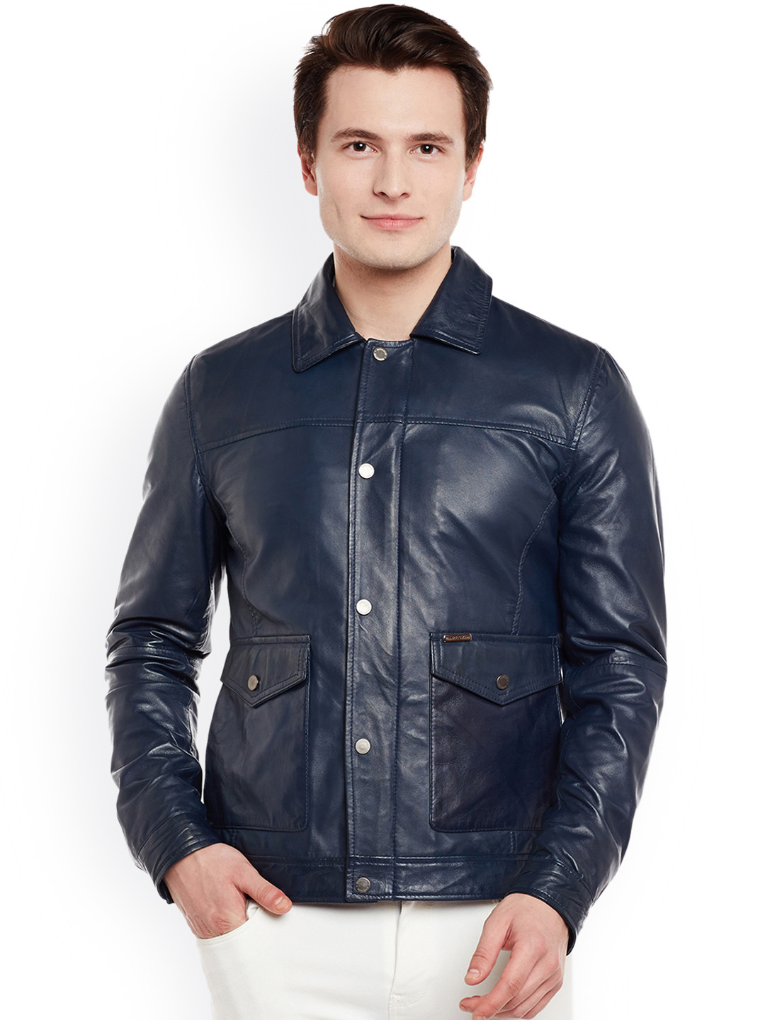 Buy BARESKIN Men Navy Solid Lightweight Leather Jacket ... (1080 x 1440 Pixel)