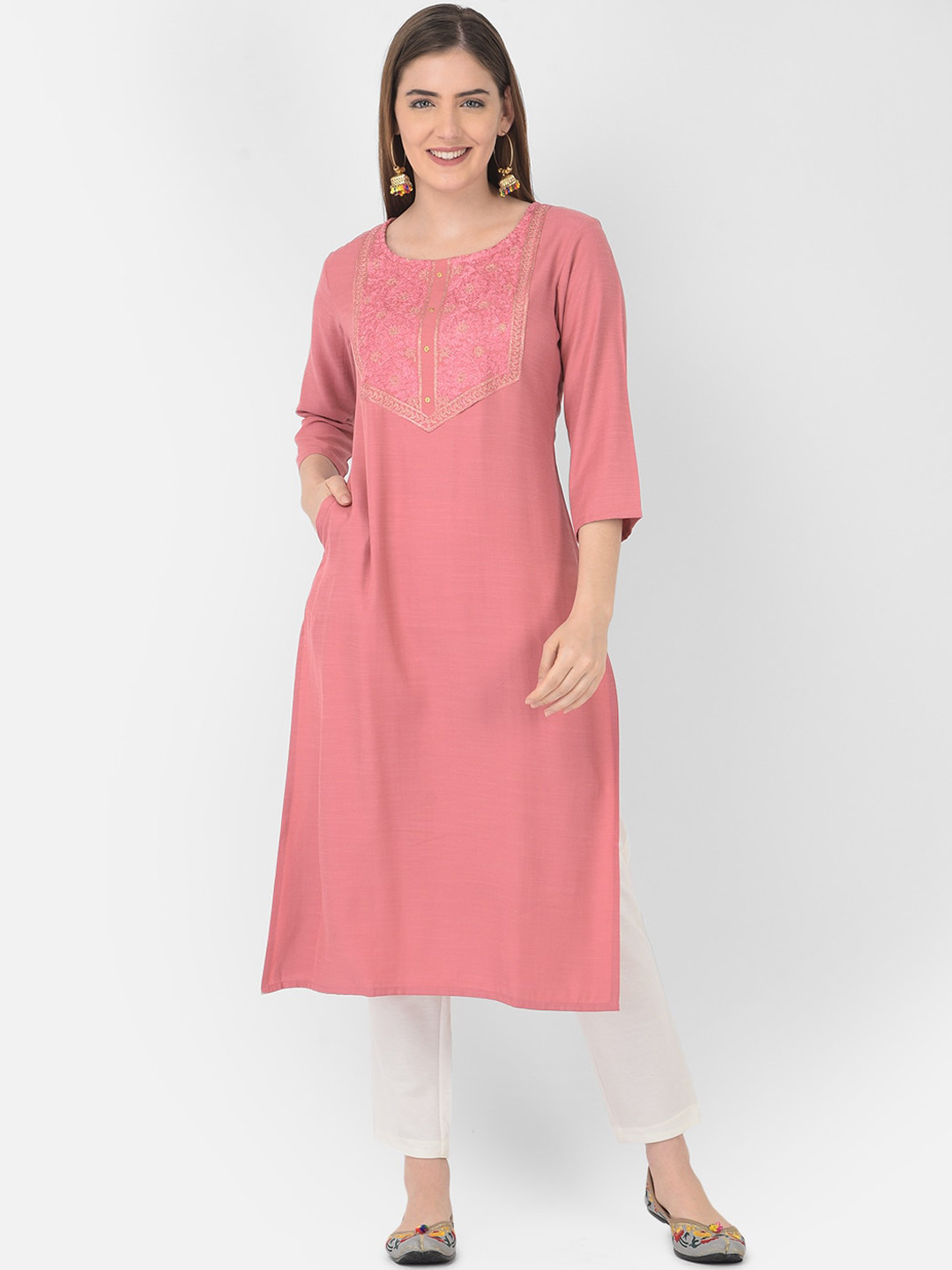 Buy Span Women Ethnic Motifs Yoke Design Thread Work Pastels Kurta