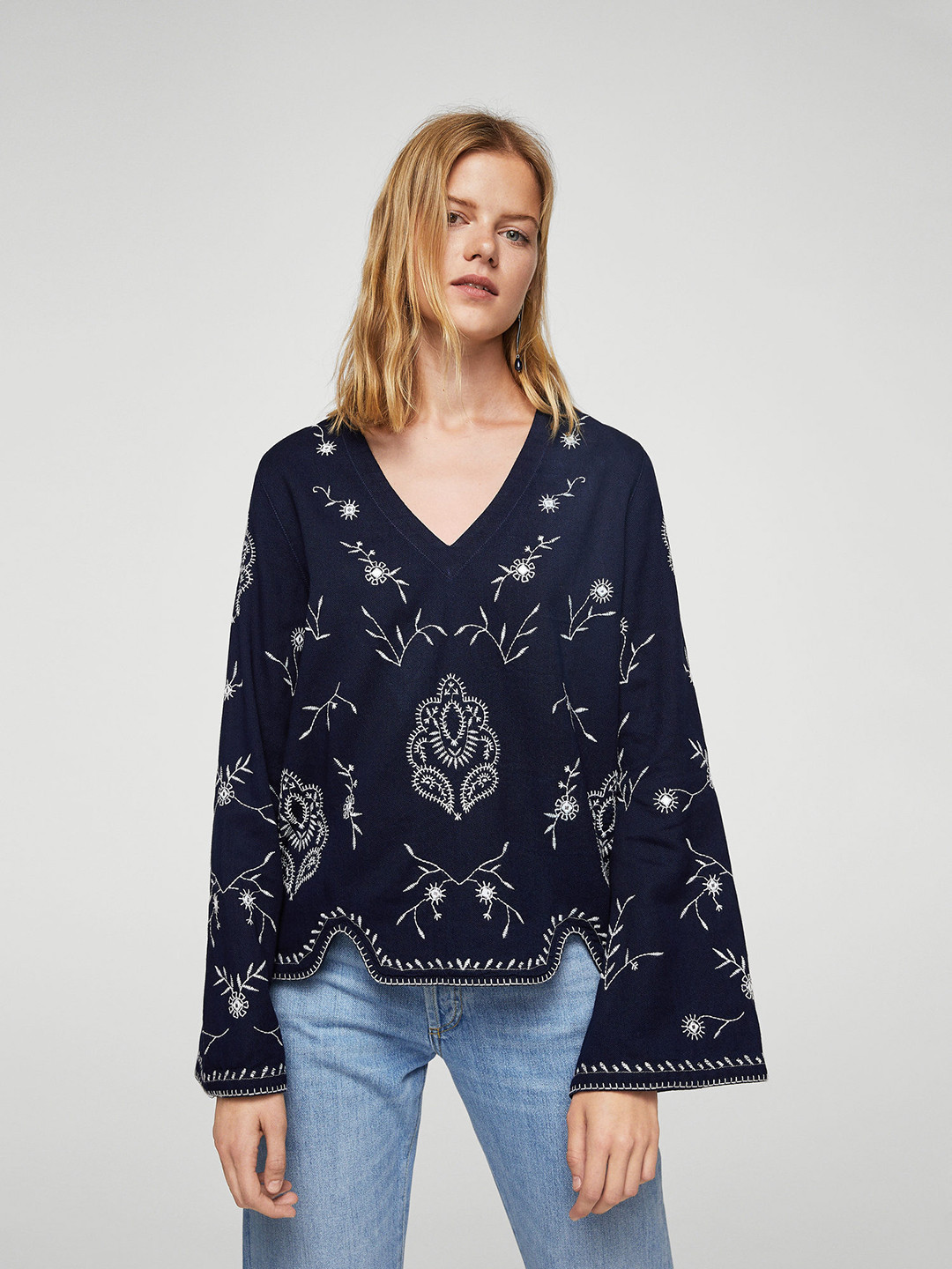 Buy MANGO Women Denim Navy Blue Embroidered A Line Pure Cotton Top Tops for Women 2144057 Myntra