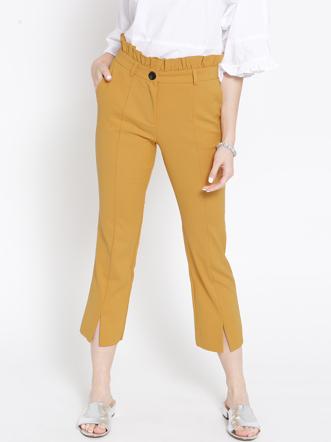 Women Mustard Yellow Solid High-Rise Cropped Trousers main image 0