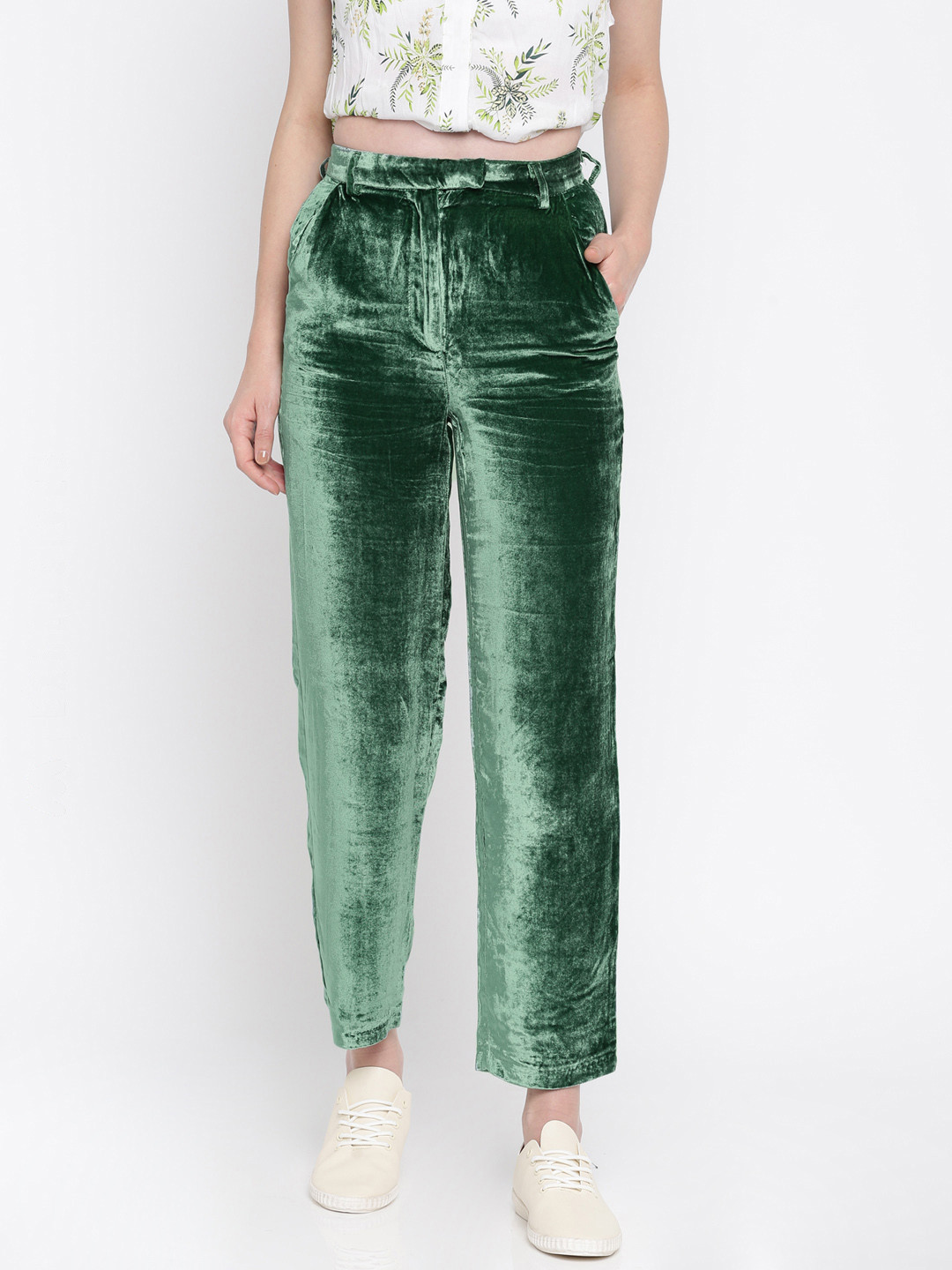 Buy MANGO Women Green Regular Fit Solid Trousers Trousers for Women
