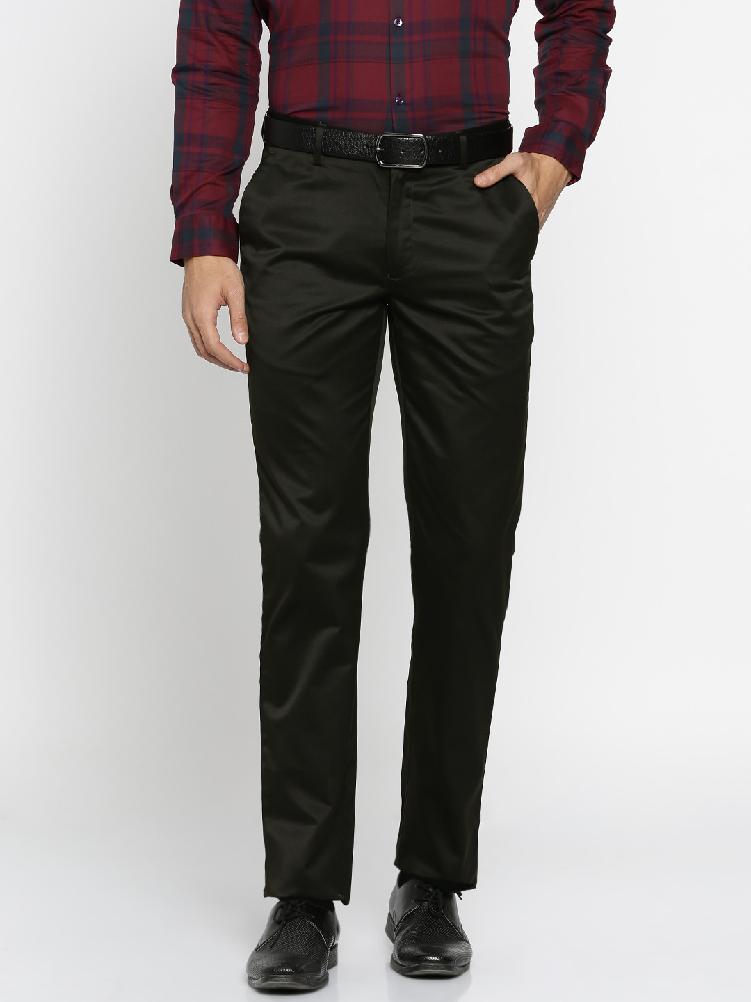 Buy Peter England Men Olive Green Slim Fit Solid Formal Trousers