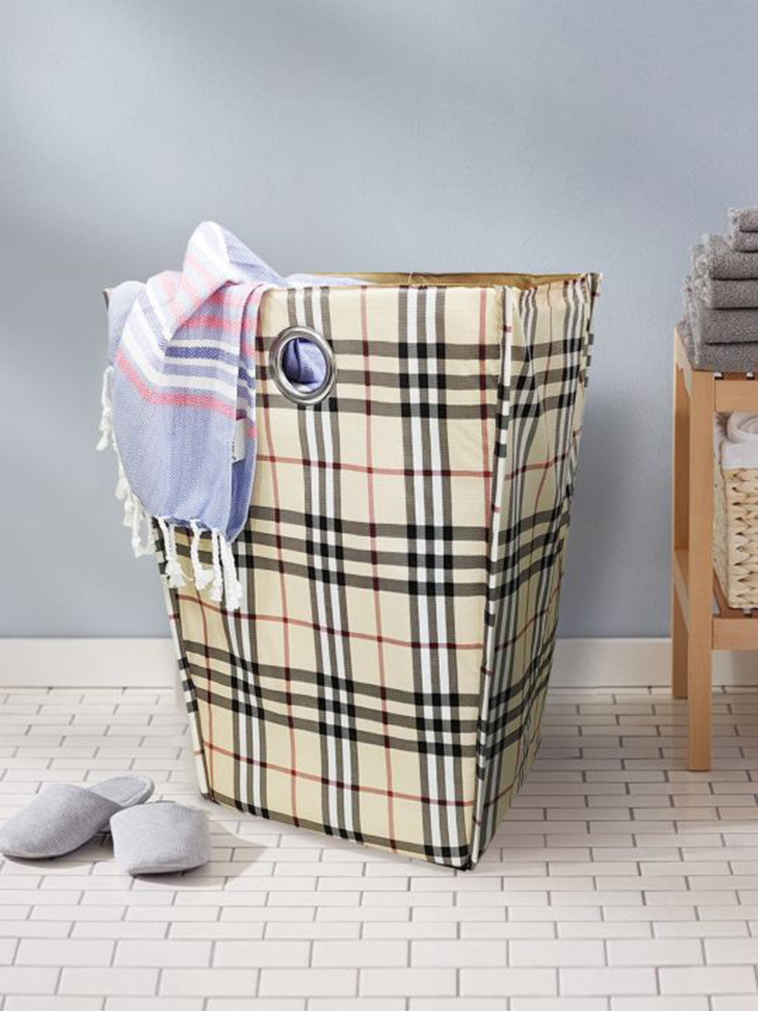 Buy BIANCA Beige & Black Checked Waterproof Folding Laundry Basket