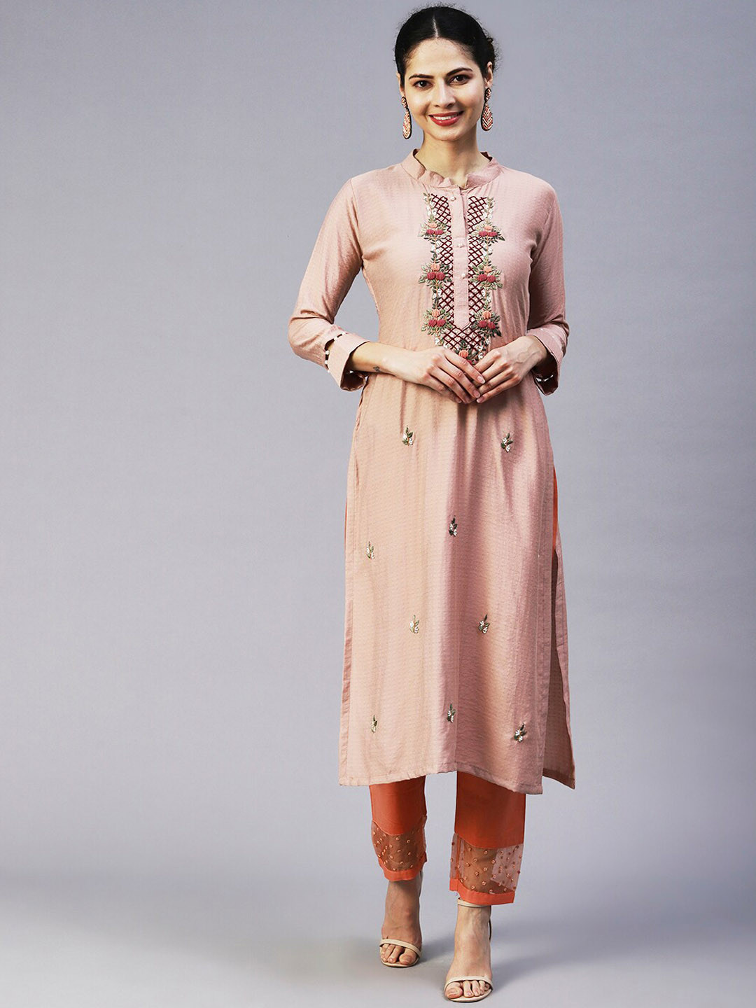 Buy FASHOR Floral Embroidered Flared Sleeves Mirror Work Kurta Kurtas