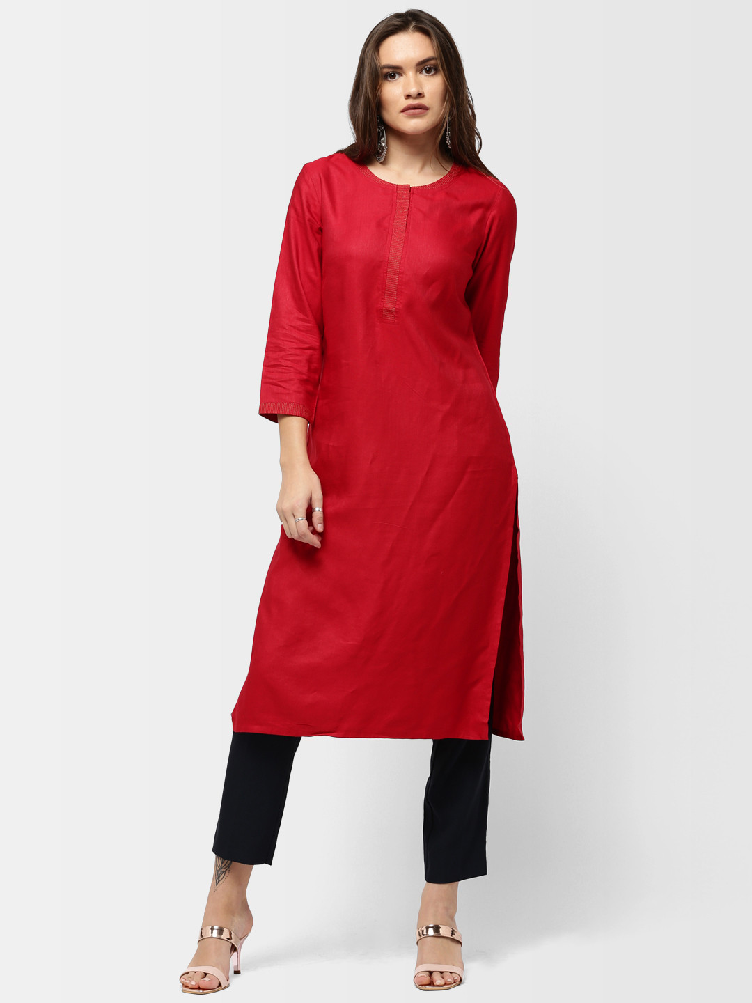 Women Red Solid Straight Kurta